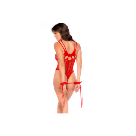 Body en résille rouge, orné de strass avec menottes assorties – Mapalé